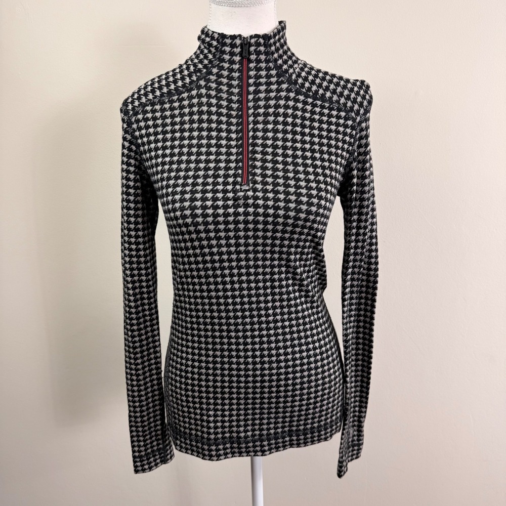 Smartwool Womens Merino Wool Houndstooth Quarter Zip Base Layer Top Black Small